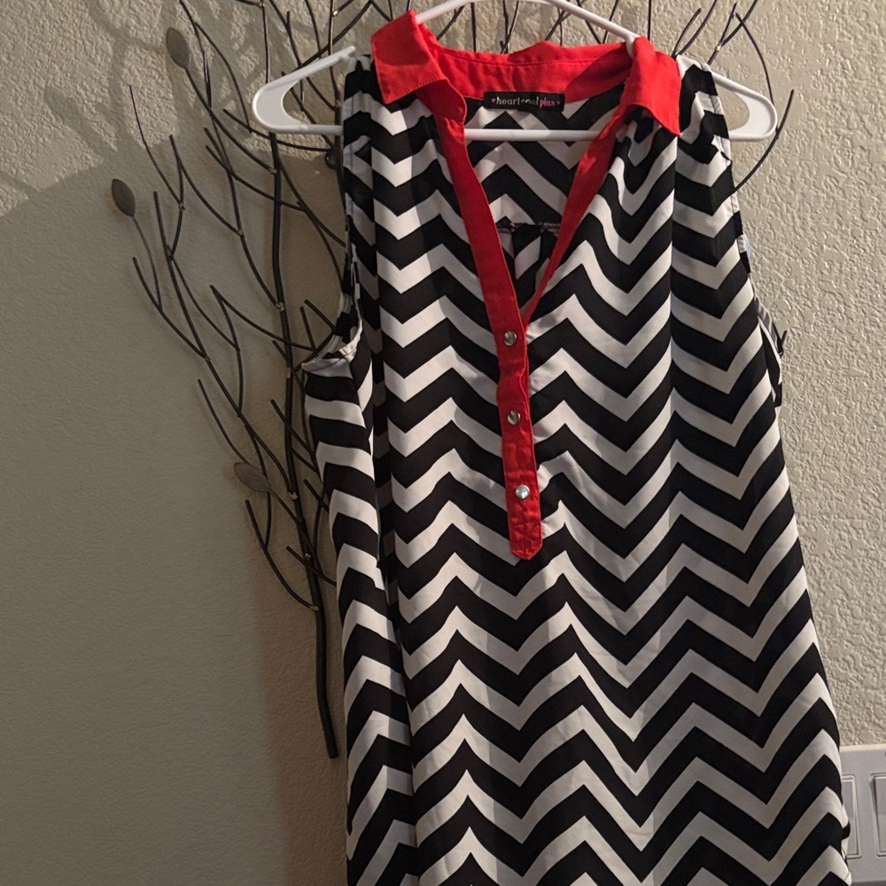 Heart and Plus Blue and White Chevron Blouse with Red Orange Trim
